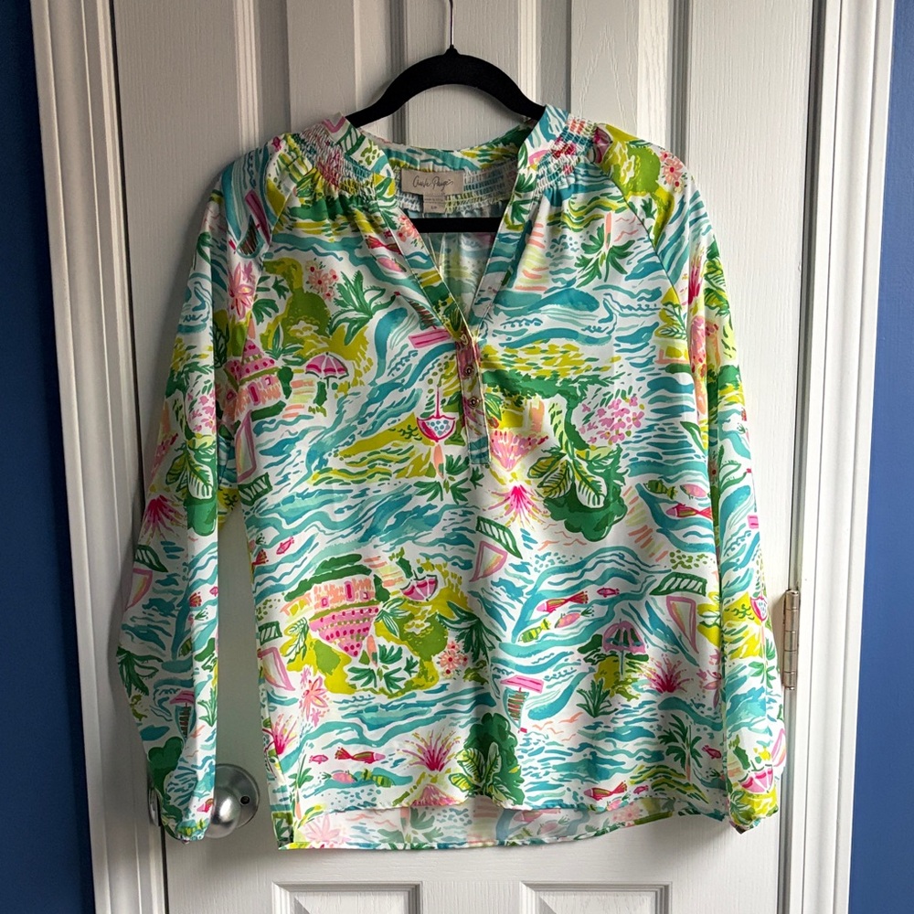 NWT Charlie Paige Women's SP Resort Lilly Print Long Sleeve Blouse
